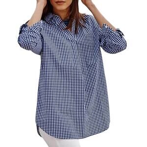 J. Jill Top Womens Size XS Navy Blue White Gingham Check Oversized Cottagecore
